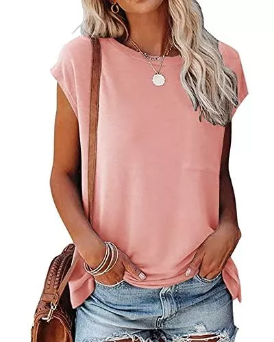 POGTMM T-Shirts POGTMM Damen T-Shirt Sommer Kurzarm Locker Rundhals Lässige Casual Top Oberteil Tunika Blusen mit Tasche