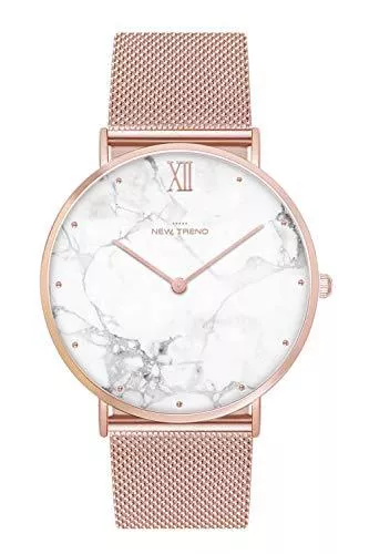 New Trend - Love for Accessories Uhren Armbanduhr Rosegold Weiss für Damen &amp; Herren, Marmor-Style mit Textil- Stoff- Nylon- NATO-Armband oder Edelstahl-Metallarmband Ø 38 MM