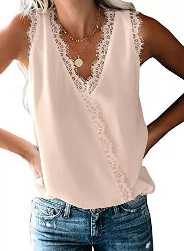 FIYOTE Ärmellose Blusen FIYOTE Damen Tops Spitzen Bluse Ärmellose Tank Top V-Ausschnitt Weste Vest Top Chiffon Oberteile Tunika Top Sommer Strand S-XXL