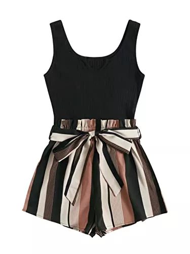 SheIn Jumpsuits SheIn Damen Sommer Tank Jumpsuit Ohne Ärmel Overall Einteiler Romper Streifen Hosensets Outfits mit Gürtel