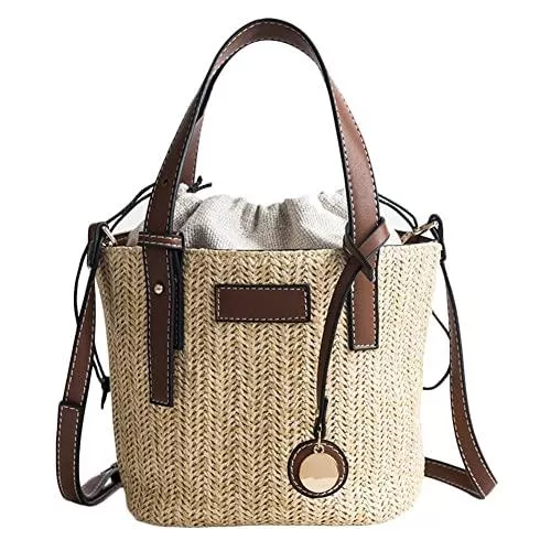 Da.Wa Taschen & Rucksäcke Stroh Umhängetasche Strandtaschen für Frauen Boho Strohtasche Handtaschen mit Kordelzug Sommer Rattan Tasche Handgemachte gewebte Strandtasche für Mädchen Frauen