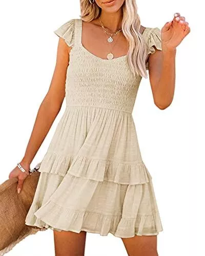 Maxwinee Freizeit Maxwinee Damen Sommerkleid Rüschen Träger High Waist Minikleid Gesmokt Volant Kleid Einfarbig