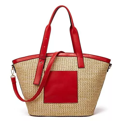 BAOZENGMUY Taschen & Rucksäcke BAOZENGMUY Strohtaschen Strandtasche Casual Stroh Große Körbe Tote Damen Handtaschen Wicker Woven Lady Schulter Umhängetasche Rattan Beach Big Shopper Bag