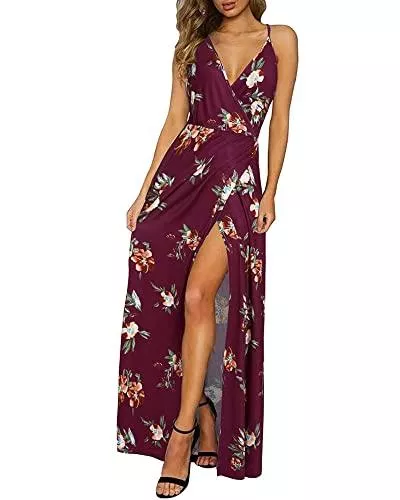 II ININ Freizeit II ININ Damen Tiefer V-Ausschnitt Freizeitkleid Sommer Rückenfreies Blumendruck Split Maxikleid für Strandparty