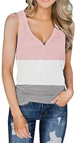 Petigasa T-Shirts Damen T-Shirt Ärmellose V-Ausschnitt Henley Shirts Hemden Trägershirts Gerippte Tunika Tops Bluse