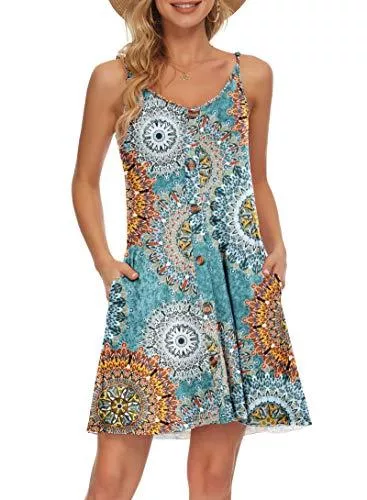 AUSELILY Freizeit AUSELILY Damen Kleider Sommer Spaghettiträger Knielang Strandkleider Kurz V Ausschnitt Kleid Leicht Mit Taschen Sommerkleid Für Frauen
