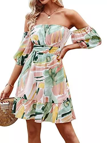 Awemeal Freizeit Awemeal Damen Elegant Rüschen Saum Kurz Kleider Tunikakleid Langarm V-Ausschnitt Mini Kleid Partykleid Freizeit Strandkleider Abendkleider Mode Sommerkleid Blusenkleider Cocktailkleid