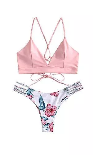 ZAFUL Bademode ZAFUL Damen Zweiteilig Bikini-Set mit verstellbarem BH Push-Up Rücken, Triangle Bustle Badehose mit Blummenmuster