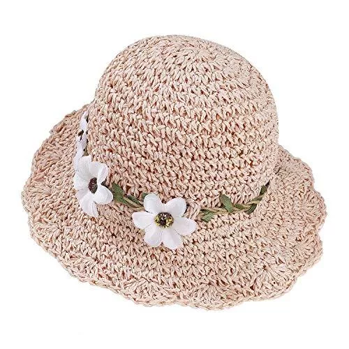 Stroh Hüte & Mützen Stroh Sommerhut für Mädchen Kinder Atmungsaktiver Strand Sonnenhut Breite Faltbar mit Blumendekoration für den Urlaub Reise Outdoor-Aktivitäten