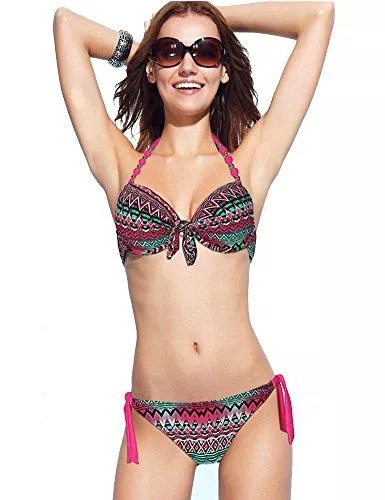 EONAR Bademode EONAR Damen Seitlich Gebunden Bikini-Sets Abnehmbar Bademode Push-up Bikinioberteil mit Nackenträger