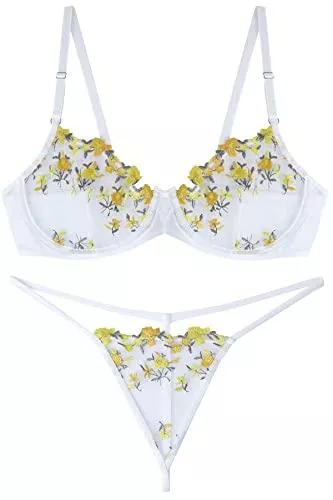ADSEXY Unterwäsche & Dessous ADSEXY Damen Spitze Dessous Set Chinesische Stickerei Sheer Bügel Floral Durchsichtig BH und Panty 2 Stück Push Up