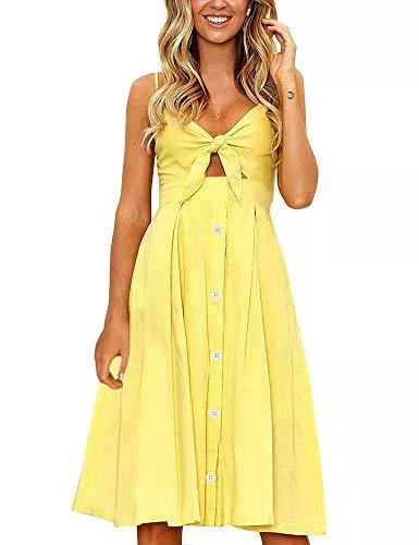 FANCYINN Freizeit FANCYINN Sommerkleid Damen Knielang Dekoltee V-Ausschnitt Boho Rückenfreies A-Linien Kleid Midikleid