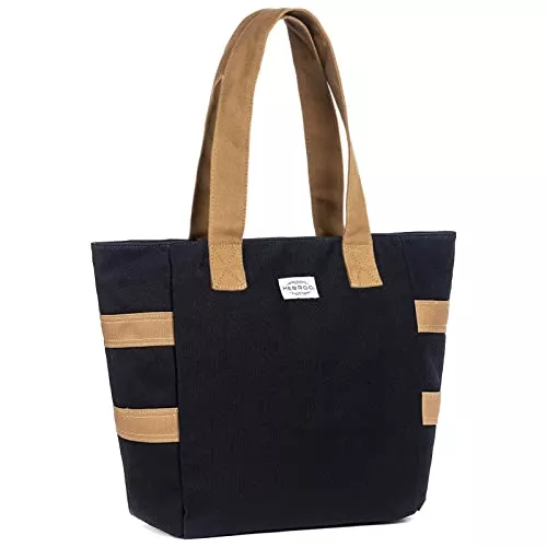 HERROOI Taschen & Rucksäcke HERROOI Handtasche Damen Taschen - Canvas Shopper Schultertaschen Groß Damen Tote Strandtasche mit Reißverschluss und Innentasche für Reise Shopping Täglich (Schwarz)