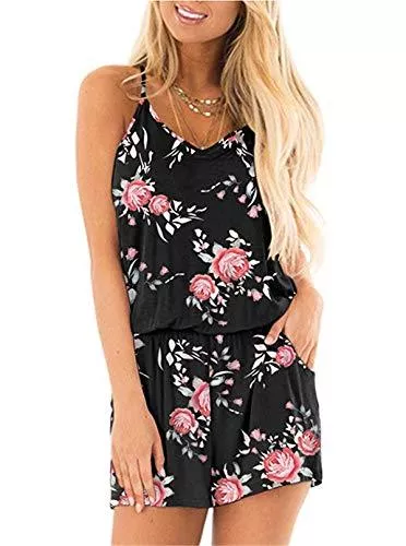 Dreamskull Jumpsuits Dreamskull Jumpsuit Overall Damen Frauen Sommer Kurz Hosenanzug Romper Einteiler Playsuit Ärmellos Elegant Sexy Träger mit Blumen Rückenfrei Taschen V Ausschnitt Strand Locker Lässig