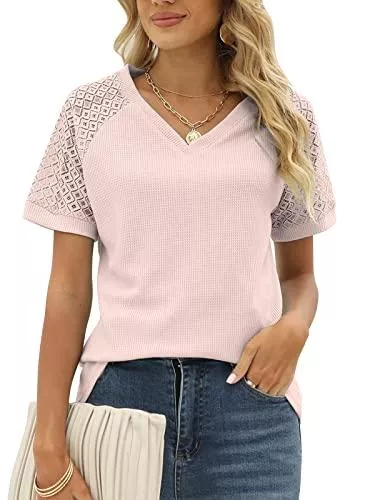 FCSONU T-Shirts FCSONU T Shirt Damen V-Ausschnitt Spitze Kurzarm Tunika Top Solide Lässig Waffel Oberteile Sommer Bluse