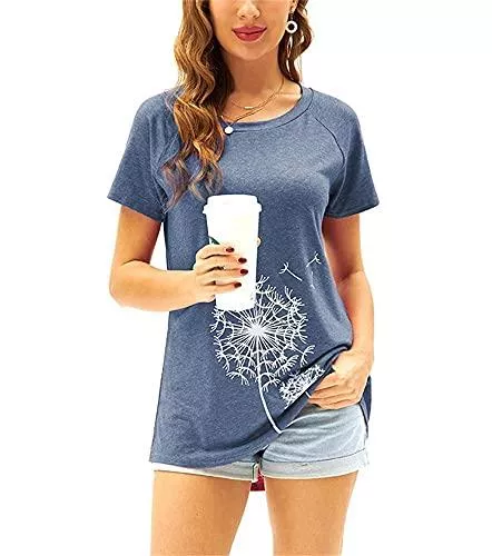 Cassiecy T-Shirts Damen T-Shirt Sommer Kurzarm Löwenzahn Drucken Rundhals Oberteile Casual Lose Bluse Shirt