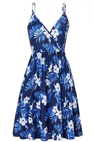 Spreadhoodie Freizeit Spreadhoodie Damen Sommerkleid V Ausschnitt Swing Kleid Verstellbaren Spagettiträgern Trägerkleid Elegant Swing Strandkleid Maxikleider Midikleid mit Taschen S-XL