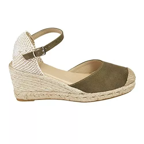 NOESLOMISMO BY DILEMA Sandalen & Slides No es lo mismo - Espadrille - Sandalen aus Jute mit Keilabsatz für Damen | Plateauschuhe 3 Kordeln Espadrille mit Schnalle und geschlossene Schuhspitze | Farbe: Sandfarbe, Grün, Rot, Rosa, Marineblau