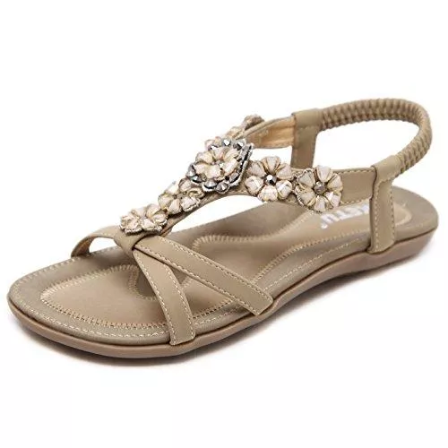 Woky Sandalen & Slides Woky Damen Sommer Sandalen mit Strass Perlen Bohemia Strand Schuhe Freizeit Flach Sandalette Größe 34-44
