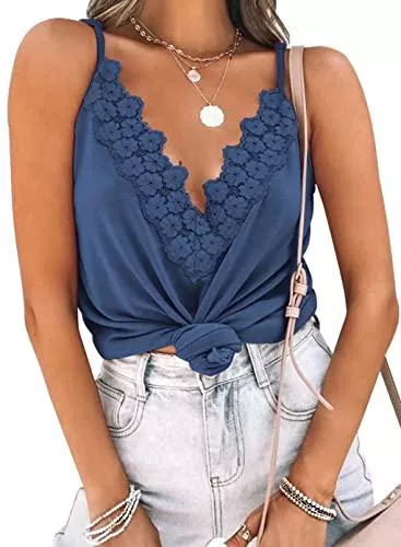 Astylish Tops Astylish Top Damen Tops Spitzen V Ausschnitt mit Blumen Einfarbig Tank Top Spaghettiträger Ärmellos Sommer Oberteile S-XXL