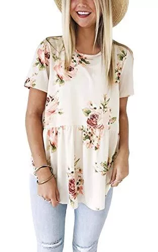 Hibluco Kurzarmblusen Hibluco Damen Rundkragen Sommer Oberteile Kurzarm Blumen Hemd Tunika Bluse