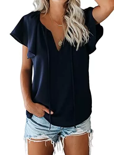 Dokotoo Kurzarmblusen Dokotoo Damen Bluse Sommer Blumen Kurzarm Tunika Boho Lose V-Ausschnitt Oberteile T-Shirt Tops S-2XL