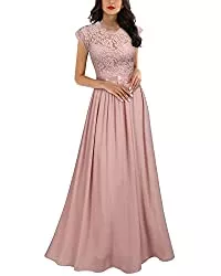 MIUSOL Abendkleider MIUSOL Damen Elegant Ärmellos Rundhals Vintage Spitzenkleid Hochzeit Chiffon Faltenrock Langes Kleid