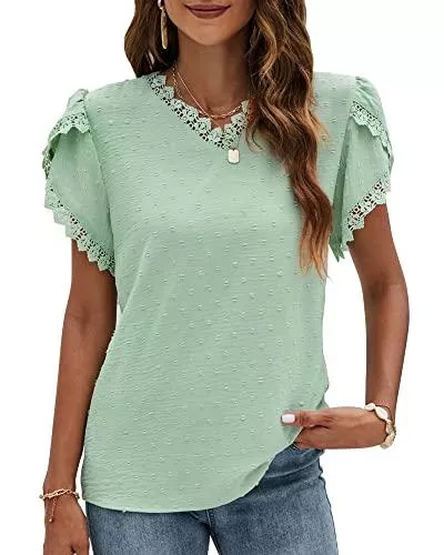 FCSONU Kurzarmblusen FCSONU Damen Sommer Blütenblatt Kurzarm Tops V-Ausschnitt Lässig Häkeln Spitze Oberteile Bluse Hemd Swiss Dot T Shirt