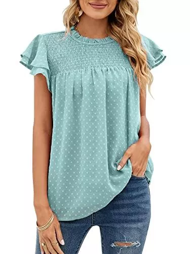 Bequemer Laden Kurzarmblusen Bequemer Laden Damen Sommer Casual Rundhals Kurzarm Tshirt Elegant Swiss Dot Oberteile Rüschen Bluse Top T Shirt Hemdbluse