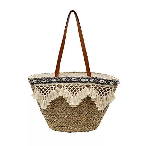 Julesmar Taschen & Rucksäcke Korbtasche Santorini  Strandtasche, Basttasche, Strohtasche, Ibizatasche, Tragetasche, Schultertasche, Shopper, Makramee Tasche, Sommer, boho, Seegras
