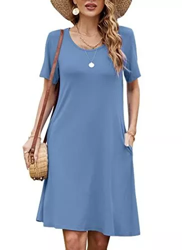 Bequemer Laden Freizeit Bequemer Laden Damen Sommer Casual Kurzarm Rundhals T-Shirt Kleid Swing Kleider Knielang Elegant Sommerkleid Strandkleid mit Taschen Einfarbig/Blumen