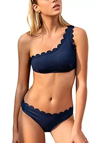 CUPSHE Bademode CUPSHE Damen Bikini Set One Shoulder Bandeau Bikinioberteil Wellenkante Strandmode Zweiteiliger Asymmetrischer Badeanzug