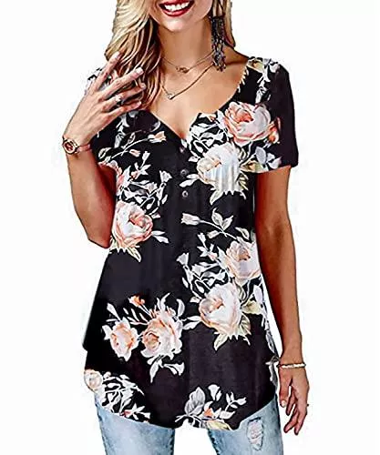 SWAGSTS Kurzarmblusen SWAGSTS Damen T Shirt Sommer Rundhals Kurzarm Lose Knopfleiste Bluse Casual Gedruckt Tunika Tops