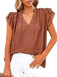 BLENCOT Kurzarmblusen BLENCOT Damen Kordelzug Langarm Top V-Ausschnitt Rüschen Design Lässiges T-Shirt Einfarbig Blusen Basic Shirt