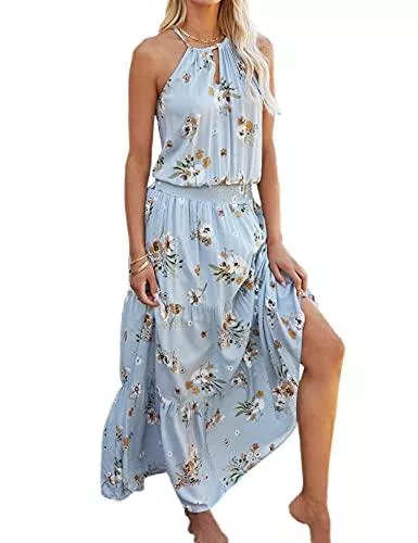 Zilcremo Freizeit Zilcremo Damen Sommerkleider Böhmisch Kleid Halfter Ärmellos Blumenkleid Strandkleid Lang Kleider MaxiKleid Cocktailkleid