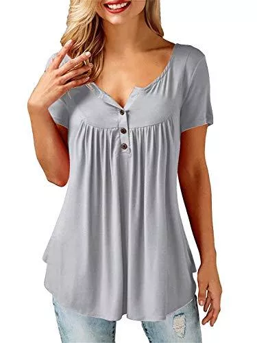 Amoretu Kurzarmblusen Amoretu T-Shirt Damen V-Ausschnitt Knopfleiste Bluse Solide Tunika Langarm/Kurzarm Tops