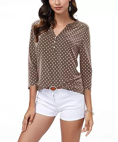 ELFIN Langarmblusen ELFIN Damen T-Shirt Sommer Bluse V-Ausschnitt Knopfleiste Casual Oberteile Basic Shirt Lässig Tops