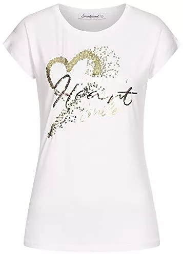 Seventyseven Lifestyle T-Shirts Seventyseven Lifestyle Damen T-Shirt mit Paillettenfront Herz Happy Print Weiss