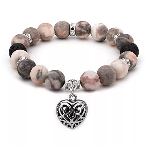Emibele Schmuck Emibele Armband, 10 mm Heilende Stretch Perlen Armbänder mit Rosa Zebra Stein &amp; Lava Perlen für Ätherische Öle, Perlenarmband Naturstein Schmuck für Damen Mädchen