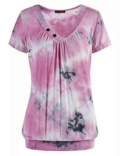 DJT Kurzarmblusen DJT Damen Basic V-Ausschnitt Kurzarm T-Shirt Falten Tops mit Knopf