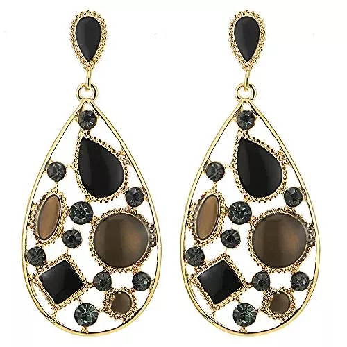 COOLSTEELANDBEYOND Schmuck Goldfarben Träne Rahmen Statement Baumeln Tropfen Ohrstecker Ohrringe mit Schwarz Braun Emaille und Strass