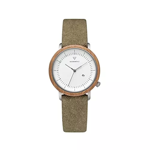 KERBHOLZ Uhren KERBHOLZ Holzuhr – Masterpieces Collection Carla Vegan analoge Damenuhr, Quarz Uhr mit Datumsanzeige, Naturholz Gehäuse Walnuss, Uhrenarmband aus Papiermaterial, Ø 36mm