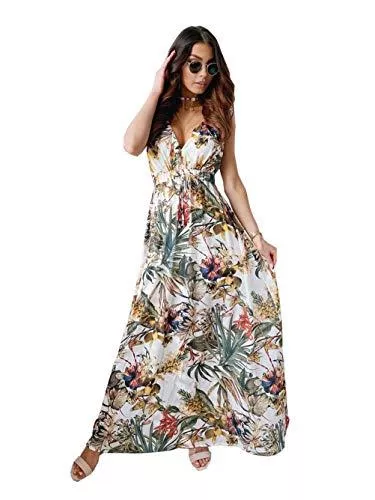 MOCEAL Freizeit MOCEAL V Ausschnitt Kleid Damen Sommerkleider Böhmisch Kleid Halfter Ärmellos Blumenkleid Strandkleid Lang Kleider MaxiKleid Cocktailkleid