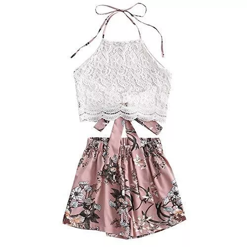 ZAFUL Jumpsuits ZAFUL Damen Blumendruck Lace Panel Neckholder Zurückbinden Crop Tank Top und Shorts Set