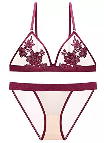 SHEKINI Unterwäsche & Dessous SHEKINI BH Set,Damen Ohne Bügel BH Set Spitze BH und Slip Triangle Bralette Panty Lingerie Unterwäsche Dessous Set mit Hakenverschluss und Verstellbare Träger