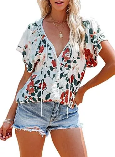 Dokotoo Kurzarmblusen Dokotoo Damen Bluse Sommer Blumen Kurzarm Tunika Boho Lose V-Ausschnitt Oberteile T-Shirt Tops S-2XL