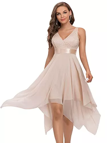 Ever-Pretty Abendkleider Ever-Pretty Damen Ärmellose V-Ausschnitt Empire A-Linie Spitze Chiffon Knielang Partykleider mit Unregelmäßig Saum 00207