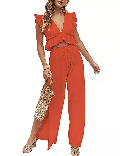 FANCYINN Jumpsuits FANCYINN Damen Zweiteilige Outfits 2 Teiler Crop Top Sexy V-Ausschnitt Hose mit Seitenschlitz Kordelzug Sommer Strand Urlaub Lässig