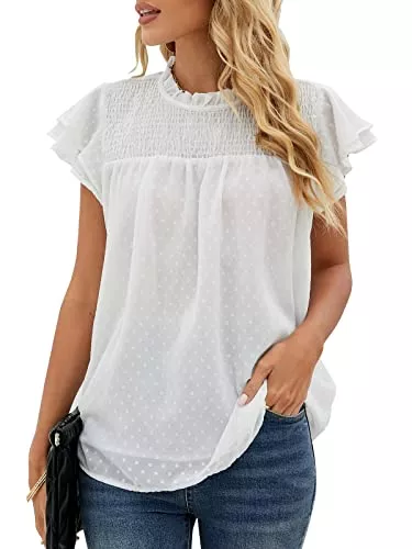 Bequemer Laden Kurzarmblusen Bequemer Laden Damen Sommer Casual Rundhals Kurzarm Tshirt Elegant Swiss Dot Oberteile Rüschen Bluse Top T Shirt Hemdbluse