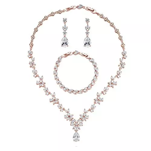 SAKUNALA Schmuck SAKUNALA Braut Schmuck Set für Damen, Silber Hochzeit Schmuck Set, Damen Halskette &amp; Ohrringe &amp; Armband Set, Blumen Schmuckset mit 5A Weiß Zirkonia, Allergenfrei Schmuck Set für Braut Brautjungfern